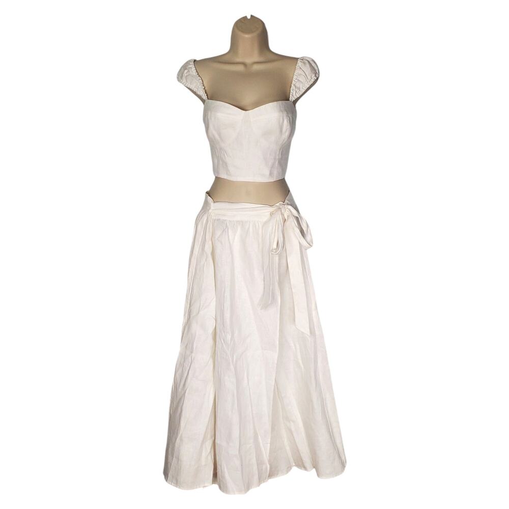 Reformation Clyde Two Piece Set 100% Linen Midi Skirt Crop Top Bustier White 10 - Picture 2 of 12